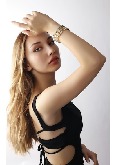 Altın Renk Lak Kaplama Mavi Zirkon Taşlı Model Bileklik Altın