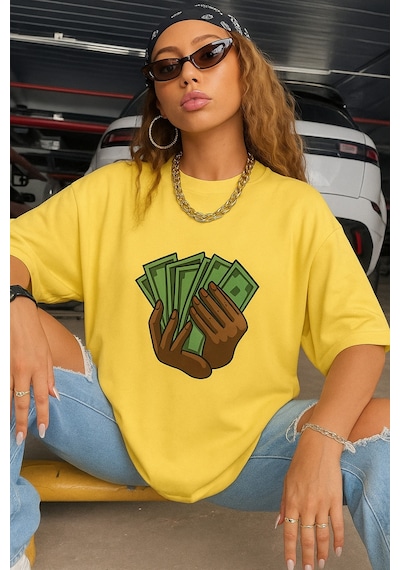 Unisex Siyah Oversize Baskılı Tshirt Sari