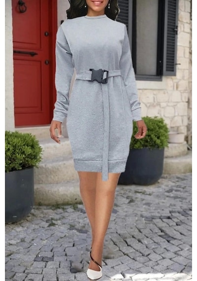 Defymoda Kadın Uzun Kollu Bisiklet Yaka Kuşaklı Iki Iplik Elbise Gri