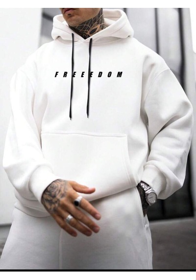 Unisex Oversize Beyaz Brooklyn Freedom Baskılı Sweatshirt Kapüşonlu Hoodie Beyaz