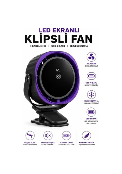 Robeve Blic Led Ekranlı Şarjlı Klipsli Fan Usb-c Şarjlı Masaüstü Vantilatör 4 Kademeli Güçlü Rüzgar, Dijital Gösterge, Sessiz Mini Fan, Taşınabilir Masa Ve Bebek Arabası Klipsli Fan