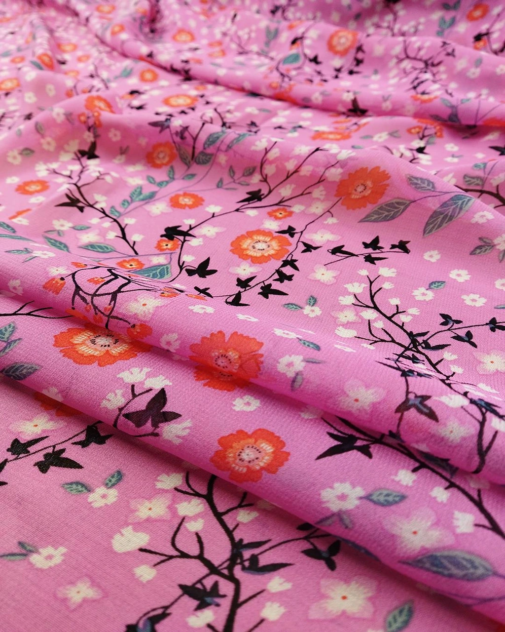Şifon Japon Çiçeği Desenli Fuşya Pembe Mor Renklerde En: 140 Cm-1431 Renkli