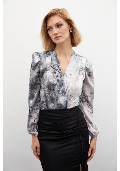 Sateen Çiçek Desenli Bodysuit Bluz - Gri Gri