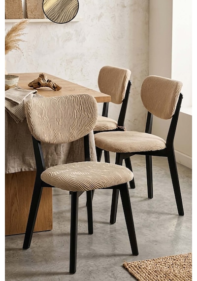 Bej Renk Jakarlı Likralı Esnek Sandalye Kılıfı Takımı - 6'lı Set
