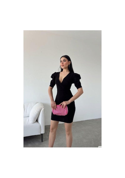 DefyModa Kadın Krep Kumaş Kruvaze Yaka Kısa Kollu Abiye Elbise Siyah
