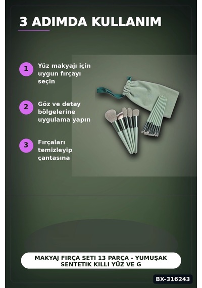 Makyaj Fırça Seti 13 Parça - Yumuşak Sentetik Kıllı Yüz Ve Göz Fırçaları Bx-316243