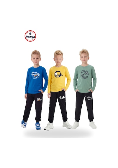 Panios Kids 3'lü Yuvarlak Yaka Sweatshirt Siyah Eşofmanlı Baskı Detaylı 6 Parça Erkek Çocuk Alt Üst Takım Saks Mavi