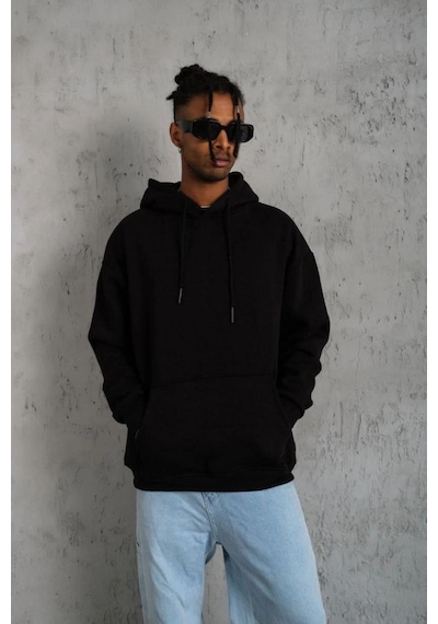 Mbb E-ticaret Erkek 3 İplik Pamuklu Kapüşonlu Kanguru Cepli Sweatshirt Hoodie - Siyah