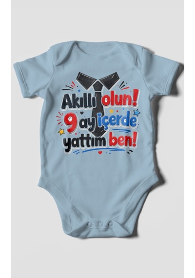 Morivokids Akilli Olun 9 Yazılı Kısa Kollu Bebek Body %100 Pamuk Bebe Mavisi