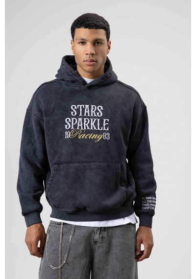 Vamos Oversize Nakış Baskılıkapüşonlu Sweatshirt Siyah
