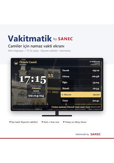 Sanec Vakitmatik 19" Hdmı Ekranlı Cami Vakitmatik Tam Paket