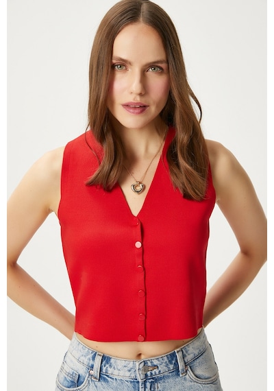 Ritnice Kadın Petite Çıtçıtlı Crop Kırmızı Triko Yelek Kırmızı
