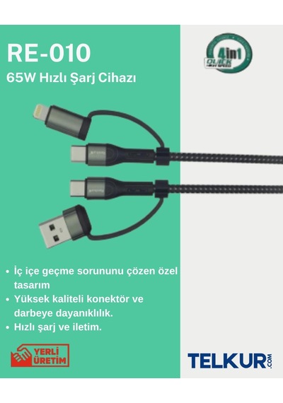 Ferro Re-10 Reshurk 4in1 Usb-c & Type-c - Type-c & Lightıng Hızlı Şarj - Hasır Kablo 65w