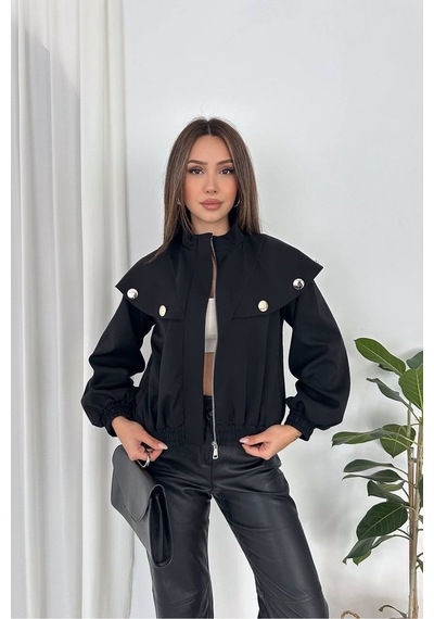 Dip Moda Kadın Siyah Metal Düğme Detaylı Fermuarlı Kısa Bomber Ceket Dpk5041