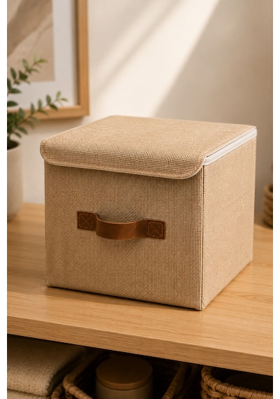 Kapaklı Jüt Saklama Kutusu 25x25x25 Cm Katlanabilir Dolap Düzenleyici Raf Organizer Doğal