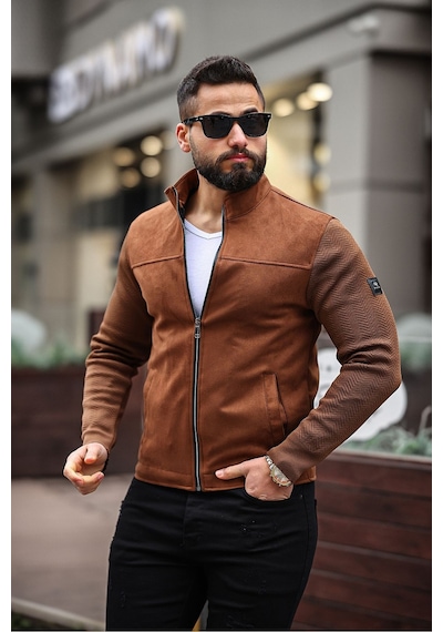 Premium Örme Triko Kol Dik Yaka Süet Ceket Triko Kahverengi