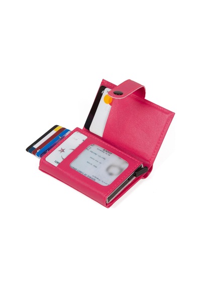 Newish Polo Deri Rfıd Koruyucu Alüminyum Otomatik Mekanizma Kartlık Ve Cüzdan New068 Pembe
