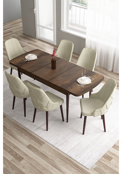 Canisa Tia Serisi 80x132 Açılabilir Mdf Barok Ahşap Desen Gold Detay Mutfak Masası Ve 6 Krem Sandalye Masa Barok Ahşap Desen Sandalye Krem