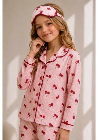 Beka Kids Desenli Uzun Kollu Önden Düğmeli Gömlek Yaka Kız Çocuk Pijama Takımı Ve Göz Bandı Kırmızı
