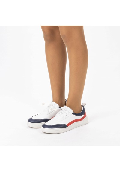 Twoegoist Kadın Hakiki Deri Spor Ayakkabı / Sneakers Beyaz - Lacivert - Kırmızı