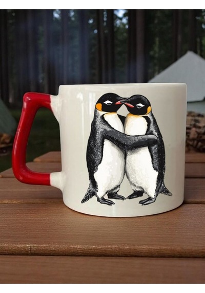 Penguen 3'lü Kırmızı Kulplu Seramik Kupa Bardak Kahve Bardağı Beyaz