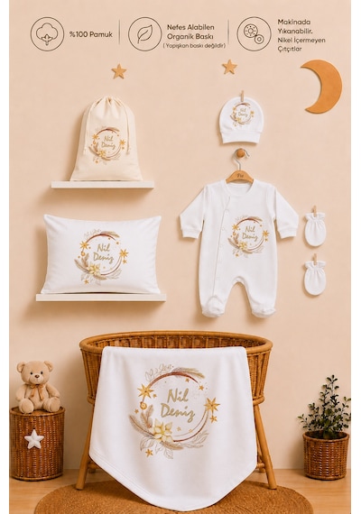 Pia Baby İsme Özel %100 Pamuk Kız Bebek Yastık Battaniyeli Tulum Set Kese Hediyeli 1093tybk3x Krem