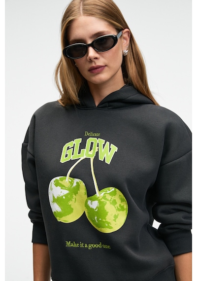 Grimelange YANMESA Kadın Oversize Baskı Ve Nakış Detaylı Uzun Kollu Kapüşonlu Koyu Antrasit Sweatshirt