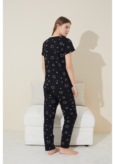 Siyah İnci Siyah Yıldız Desenli Kısa Kollu Pamuklu Pijama Takımı Siyah Yıldız Desen