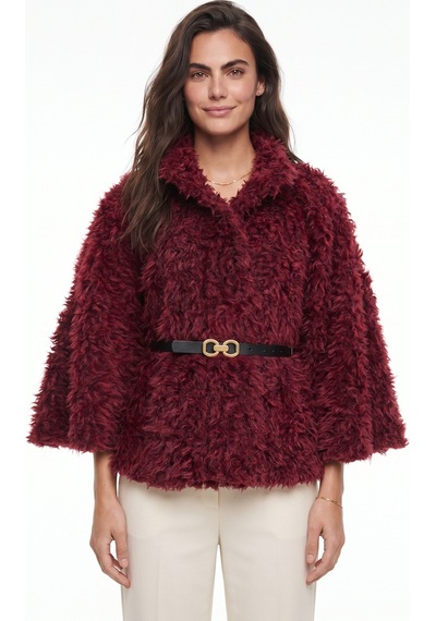 Onloox Kadın Bordo Bordo Yumuşak Dokulu Polyester Kumaş Kemer Detaylı Peluş Panço