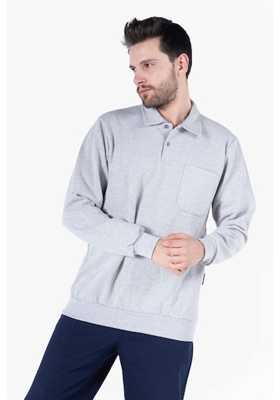 İki İplik Polo Yaka Cepli Sweatshirt Gri Melanj