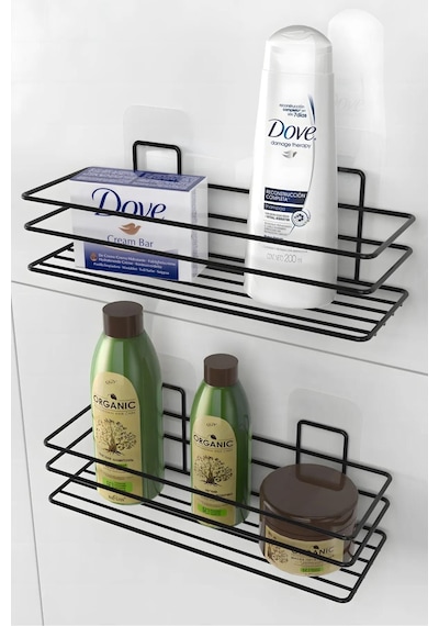 Atacı 3'lü Set Yapışkanlı Paslanmaz Banyo Rafı Mat Siyah Banyo Şampuanlık Duşakabin Duş Askısı Siyah