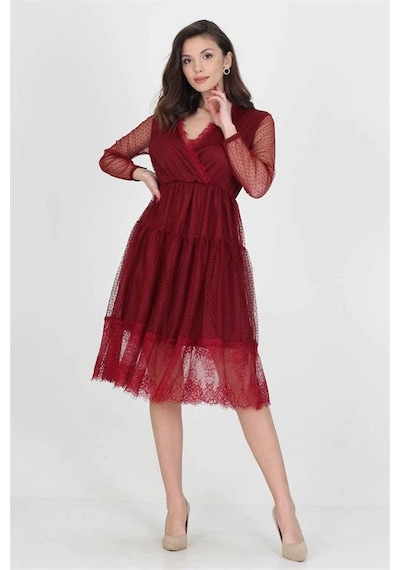 Neşeli Butik Neseli Butik Kruvaze Yaka Eteği Güpür Detaylı Yeni Sezon Elbise Nb0010 Bordo
