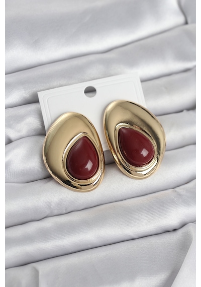 Pirinç Gold Renk Bordo Taşlı Damla Model Vintage Kadın Küpe 5886 Belirtilmemiş