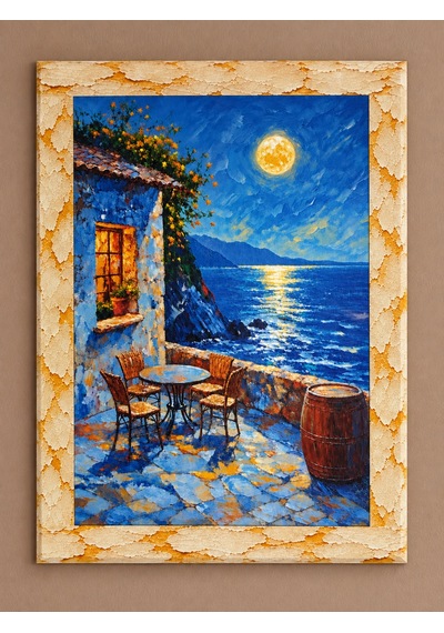Ahşap Eskitme Çerçeve Desenli Taş Duvar Avlusu Ve Ay Işığı Manzaralı Dekoratif Ahşap Tablo 52x72 Cm