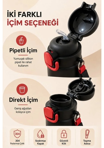 Paslanmaz Çelik Gövde Suluk & Matara 600 Ml Çift Kullanım Pipetli & Pipetsiz Siyah - 914951659 Siyah