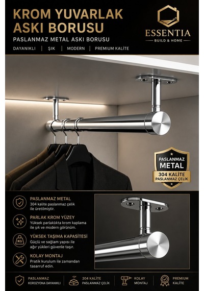 Krom Yuvarlak Askı Borusu Seti 59,5 Cm Paslanmaz Metal Dolap İçi Elbise Askılık Sistemi Çoklu Renk