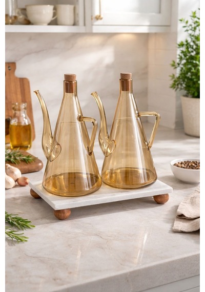 Qerhome Mermer Stantlı Glazzy Düz Tasarım Yağdanlık 750 Ml +750 Ml Amber Amber