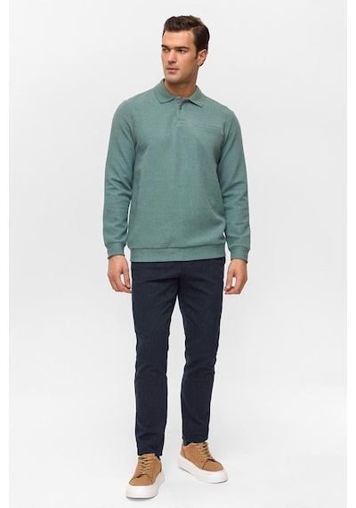 Süvari Haki Regular Armürlü Polo Yaka Sweatshirt Haki