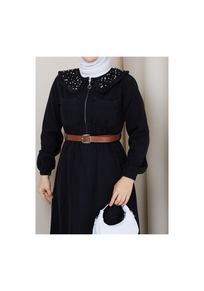 Hb Harma Time Butik Kadın Taş Detaylı Fermuarlı Kemerli Tesettür Kot Siyah Elbise Siyah Siyah Hb Harma Time Butik Kadın Taş Detaylı Fermuarlı Kemerli Tesettür Kot Siyah Elbise Siyah Siyah