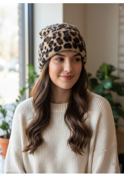 Derikem Kadın Tüylü Yumuşak Peluş Bere Leopar
