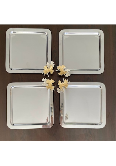 Atabey Home Collection 6 Adet Kahve & Çay & Sunum Tepsisi Metal Döküm Gümüş Tepsi Kelebek Aksesuarlı