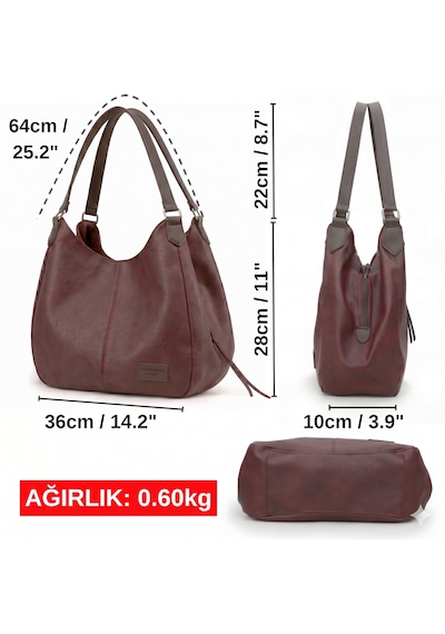 Cappadocia Vintage Myra Kadın Dumanlı Bordo Pu Deri Günlük Omuz Çantası Üç Bölmeli Hobo Tote El Çantası