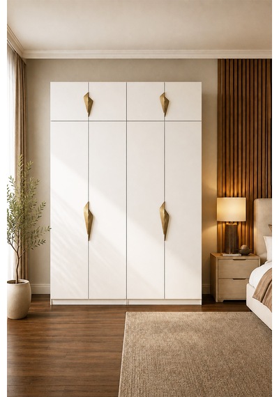 Gama 8 Kapaklı Askılı + Askılı Raflı + Ek Modüllü Tasarım Kulplu 253 Cm Gardırop Elbise Dolabı Beyaz
