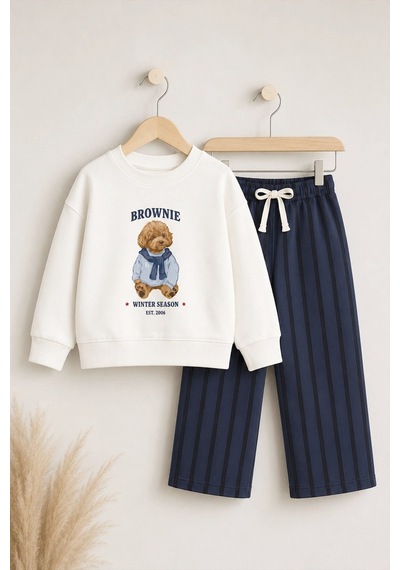 Monila Erkek Çocuk Ekru Ayıcık Baskılı Sweatshirt Ve Lacivert Çizgili Eşofman Alt Üst Takım