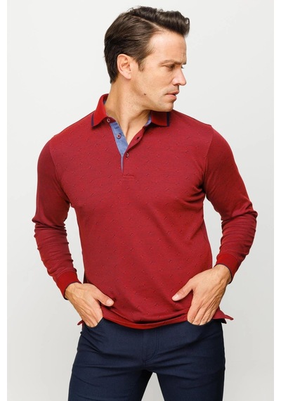 Desen Triko Erkek Polo Yaka Kare Desenli Uzun Kollu Sweatshirt Bordo Bordo