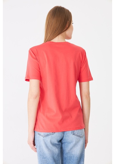 Sortie Collection Eteği Tül Detaylı Silüet Baskılı Basic Tshirt Mercan