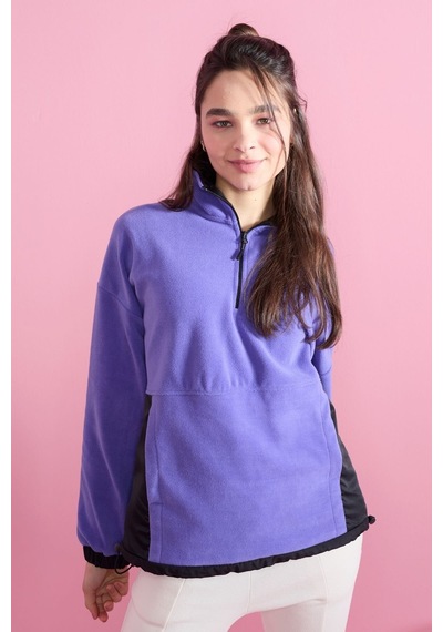 Tommy Life Açık Eflatun Yarım Fermuar Etek Ucu Büzgülü Dik Yaka Oversize Kadın Polar Sweatshirt - 97236 Eflatun