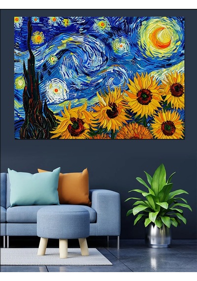 Van Gogh Yıldızlı Gece Ayçiçekleri Dekoratif Kanvas - Mdf Ahşap Tablo