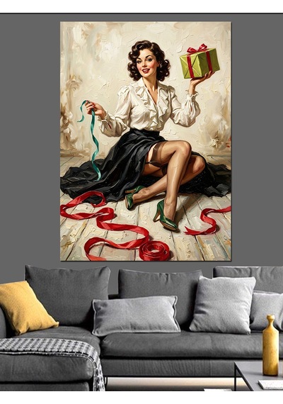 Hediye Kutusuyla Retro Pin Up Dekoratif Kanvas - Mdf Ahşap Tablo