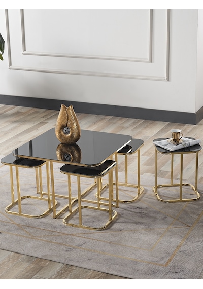 Pelikan 4+1 Siyah Aynalı Temperli Cam Gold Metal Ayak Takım Sehpa Sedaş Living Units Sehpa